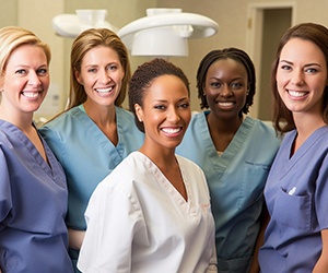 Female dental team members smiling