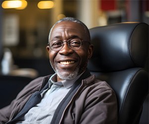 Man smiling while sitting in black leather armchair